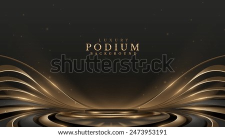 Elegant black and gold podium background with flowing lines and sparkling elements, perfect for luxury presentations and events. Vector Illustration.