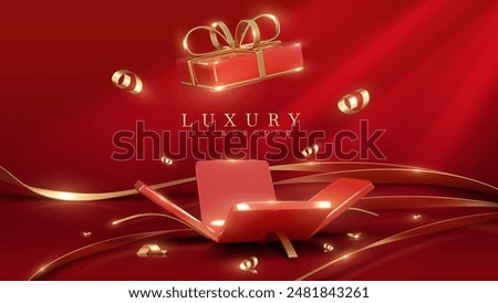 Open red and gold gift box on luxury background with ribbon and confetti. Perfect for celebrating holidays, birthdays, and special occasions. Vector illustration.