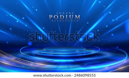 Empty podium golden on blue background with light neon effects with bokeh decorations. Luxury scene design concept. Vector illustrations.