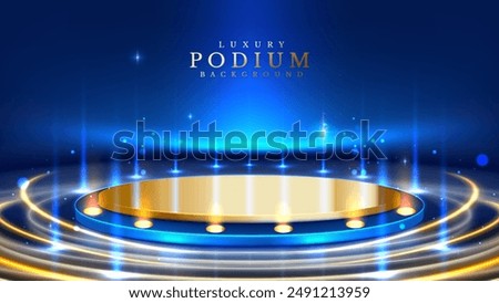 Empty Gold Pedestal with Bright Circular Neon Lights Surrounding It, Decorated with Bokeh Elements and Stars. Elegant Style Background for Product Promotion or Award Ceremony. Vector illustrations.