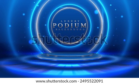 Empty podium golden on blue background with light neon effects with bokeh decorations. Luxury scene design concept. Vector illustrations.