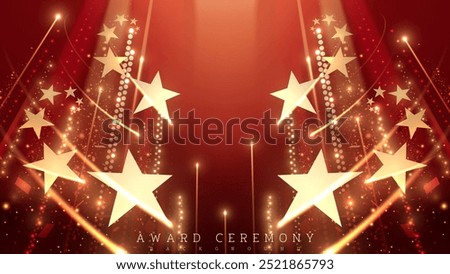 Red luxury award ceremony background with moving gold stars, light beams, bokeh, and ribbon decorations. Ideas for upscale event designs. Vector illustration.