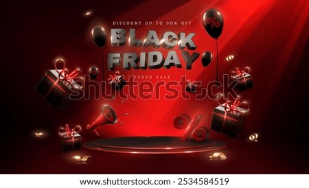 Black Friday template with empty red podium decorated with realistic 3D elements such as balloons, ribbons, megaphones, gift boxes and %.