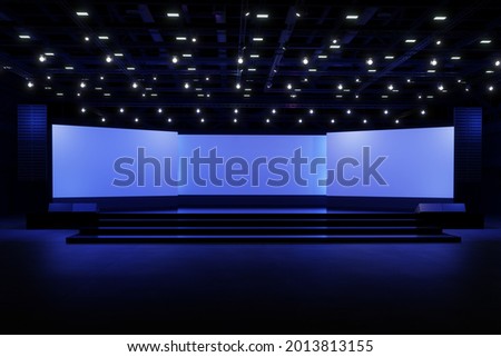 Empty stage Design  for mockup and Corporate identity,Display.Platform elements in hall.Blank screen system for Graphic Resources.Scene event led night light staging,3D render. Imagine de stoc © 
