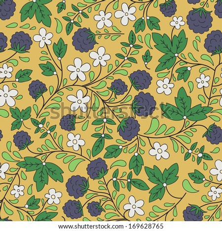 Seamless blackberry pattern. Endless berry texture. Full color floral background