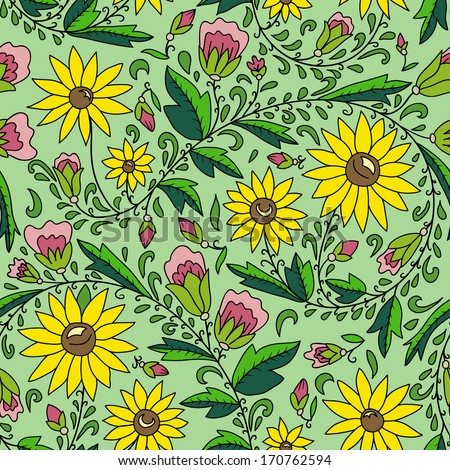 seamless texture with  flower, sunflower, leaves, buds. Use as a pattern fill, backdrop, seamless texture.