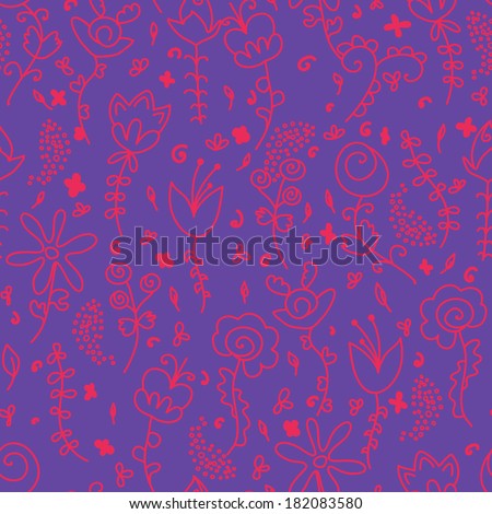 texture of flowers and plants. seamless pattern. contour drawing. bright colors. pink outline. lilac background. good for fabric design.
