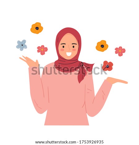 suprised, excited young woman. Happy female wear hijab. trendy modern hand drawn illustration.