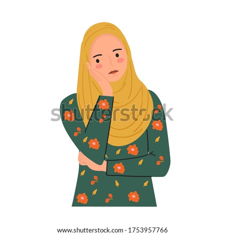annoyed, bored young woman, facepalm expression. Sad young female wear hijab in trendy hand drawn vector style.