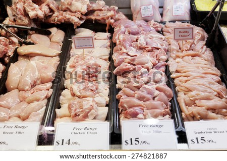 Fresh meat in a butcher shop in a market
