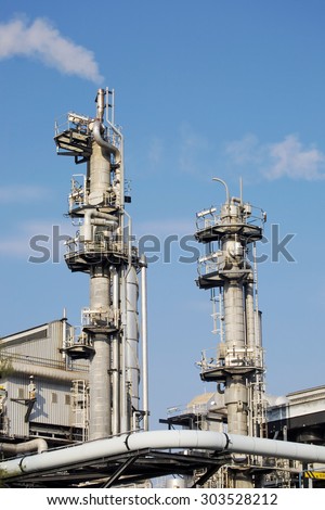 Chimneys of industrial plant, against blue sky