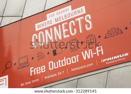 Melbourne, Australia - Aug 8, 2015: Free outdoor wifi sign at Federation Square in Melbourne, Australia