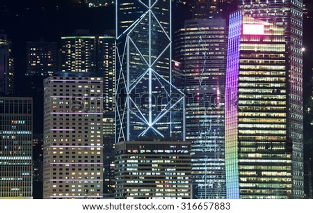 Close-up view of skyscrapers in the CBD of Hong Kong at night