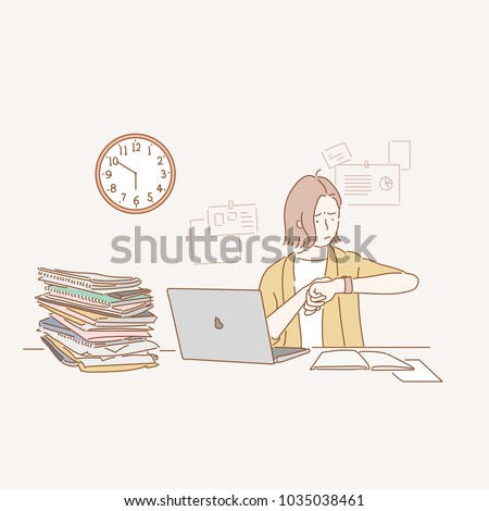 Business woman sitting at desk and working late. hand drawn style vector doodle design illustrations.