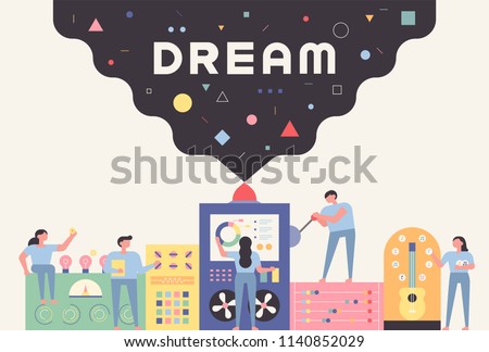 Factory and staff making a dream concept illustration. flat design style vector graphic illustration set