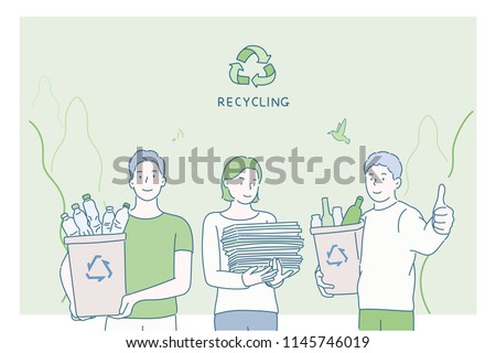 People holding recyclables. Public service advertising poster concept. hand drawn style vector design illustrations.