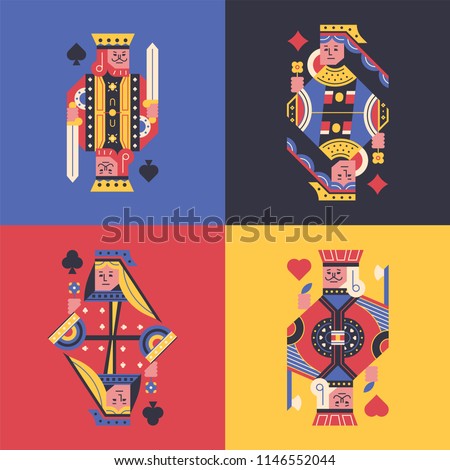 The flying cards king, queen, spades, clubs, hearts, diamonds. flat design style vector graphic illustration set 商業照片 © 