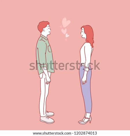 The man and the woman are standing facing each other and looking at each other lovingly. hand drawn style vector design illustrations. ストックフォト © 
