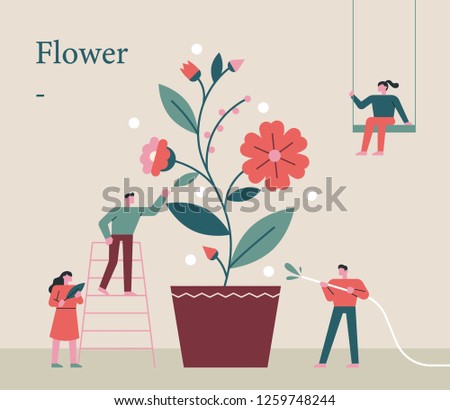 People who grow flower pots together. concept illustration. flat design vector graphic style.