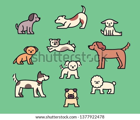 A variety of cute dogs. Outline style character design. flat design style minimal vector illustration