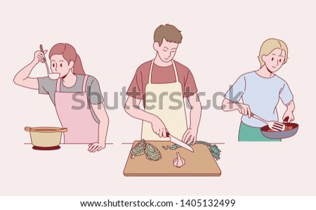 people cooking at home. hand drawn style vector design illustrations. 
