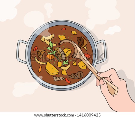 There is soup on the pot with a steaming bowl, and a hand holding a spoon is opening the soup. hand drawn style vector design illustrations. 