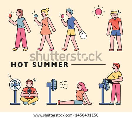 Various ways to get the air out on a hot summer fan. Information character set. flat design style minimal vector illustration.