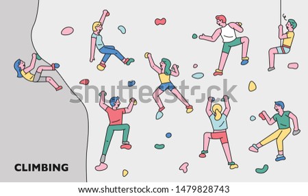 People characters enjoying indoor rock climbing leisure sport. flat design style minimal vector illustration.