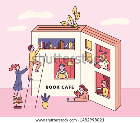 People are reading a book in a cafe shaped like a book. flat design style minimal vector illustration.