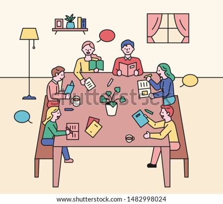 Reading group members are sitting at the table and talking. flat design style minimal vector illustration.
