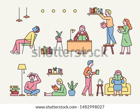 People sit around in various poses and read books. flat design style minimal vector illustration.