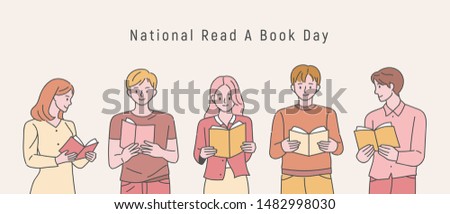 National read a book day. People are standing side by side holding books and reading. flat design style minimal vector illustration.