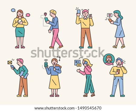 Characters showing various ways of using mobile phones. flat design style minimal vector illustration.