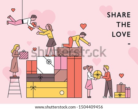 People sharing each other stacked gift boxes. Promotion Poster Concept. flat design style minimal vector illustration