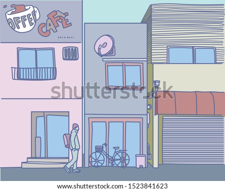 A man is walking down the street with buildings in the background filling the screen. hand drawn style vector design illustrations. 
