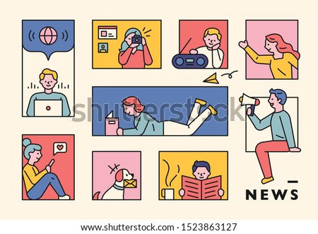 People gathering news from various media in the window of square frame. flat design style minimal vector illustration.