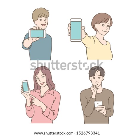 Men and women are holding cell phones. The screen is looking forward. hand drawn style vector design illustrations. 