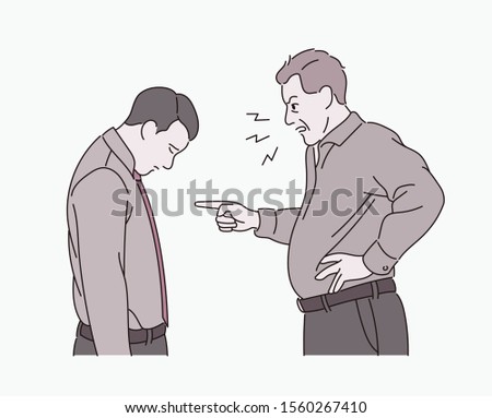 A boss is yelling at a businessman, and he is bowing his face. hand drawn style vector design illustrations. 