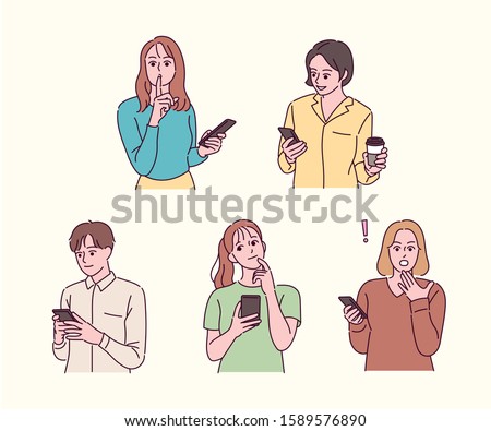 Various expressions of people holding mobile phones. hand drawn style vector design illustrations. 