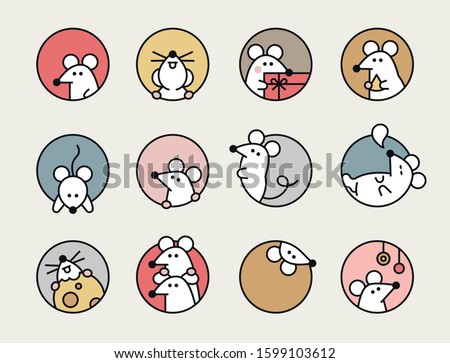 Cute rats are in round holes. White rat, the new year symbol of 2020 Asia. Icon character. flat design style minimal vector illustration.
