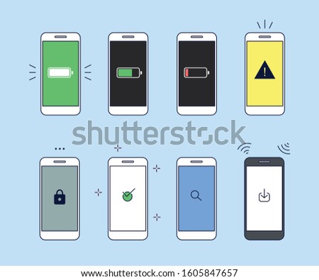 Various warning messages on the smartphone screen display. hand drawn style vector design illustrations. 