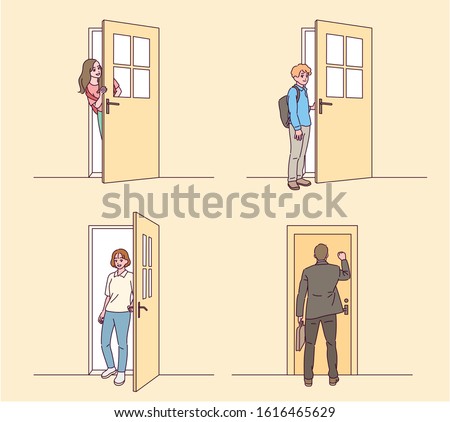 Characters in various situations of opening and closing the door. hand drawn style vector design illustrations. 