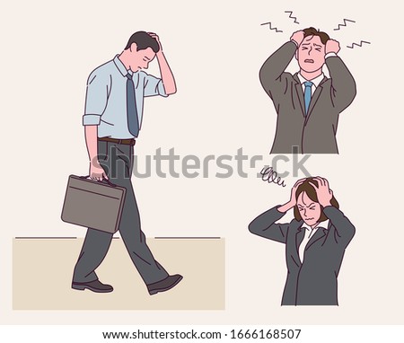 A businessman is walking with a depressed look. Business people are stressed with hands on head. hand drawn style vector design illustrations. 