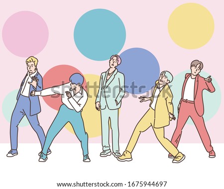 The k pop boy group on the stage poses variously. hand drawn style vector design illustrations.  Stok fotoğraf © 