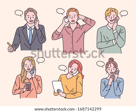 Various people are holding mobile phones and making calls. flat design style minimal vector illustration.