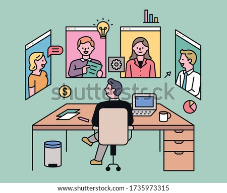 Videoconferencing business partners. flat design style minimal vector illustration.