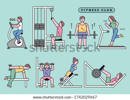 People are exercising with exercise equipment in the fitness center. flat design style minimal vector illustration.