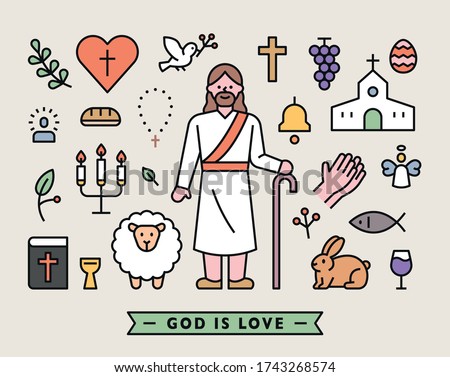 Set of icons of Jesus characters and various symbols in the Bible. flat design style minimal vector illustration.