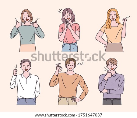 Young men and women are making positive gestures. flat design style minimal vector illustration.