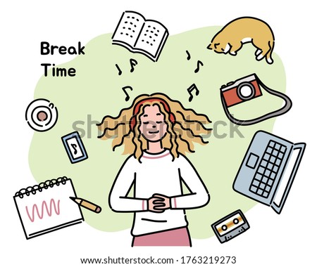 A woman is lying comfortably and listening to music. Her objects are scattered around her. hand drawn style vector design illustrations. 
